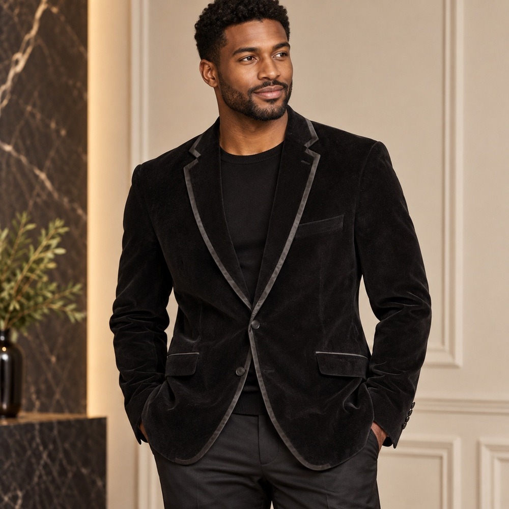Tallia Black Cotton Velvet Blazer Mens 42R Grosgrain Trim Dinner Jacket